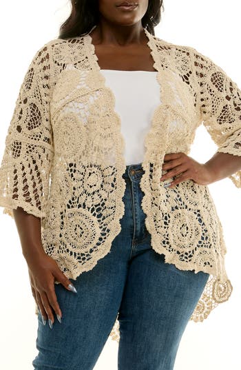 Nina Leonard Crochet High-low Cardigan In Neutral