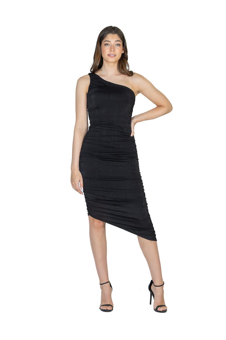Womens One Shoulder Ruched Bodycon Dress, Main, color, Black