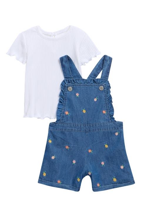 Embroidered Denim Shortalls & Short Sleeve Shirt Set (Toddler & Little Kid)