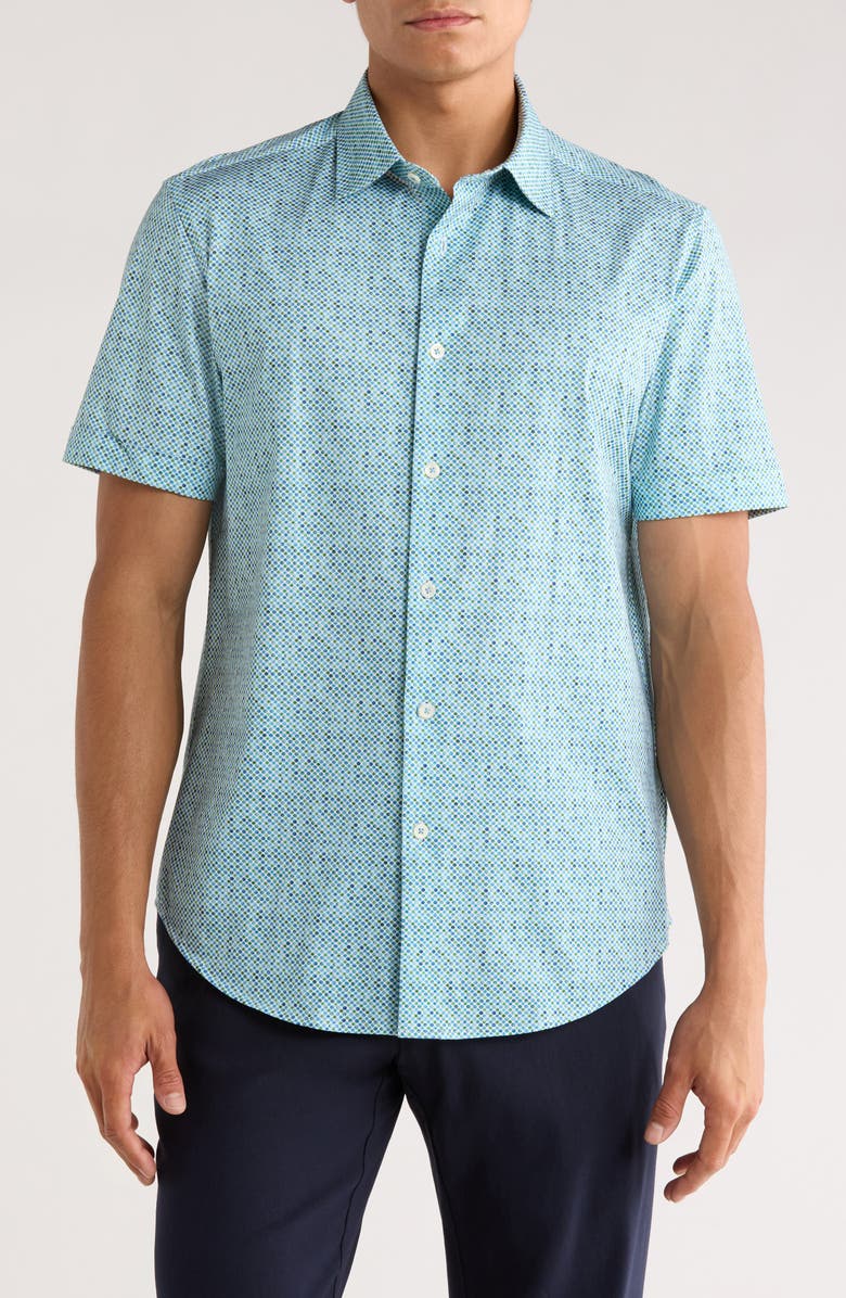 Bugatchi Miles OoohCotton<sup>®</sup> Short Sleeve Button-Up Shirt, Main, color, Cactus