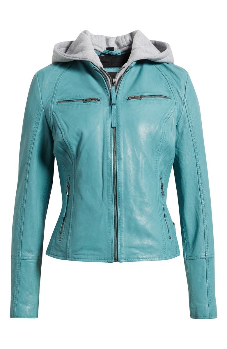 MAURITIUS Nola Leather Jacket with Removable Hoodie, Main, color, Light Turquoise
