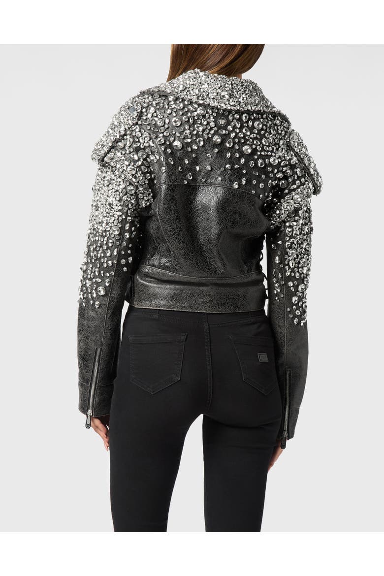 Leather Cropped Biker Jacket Ls Strass Women, Alternate, color, black