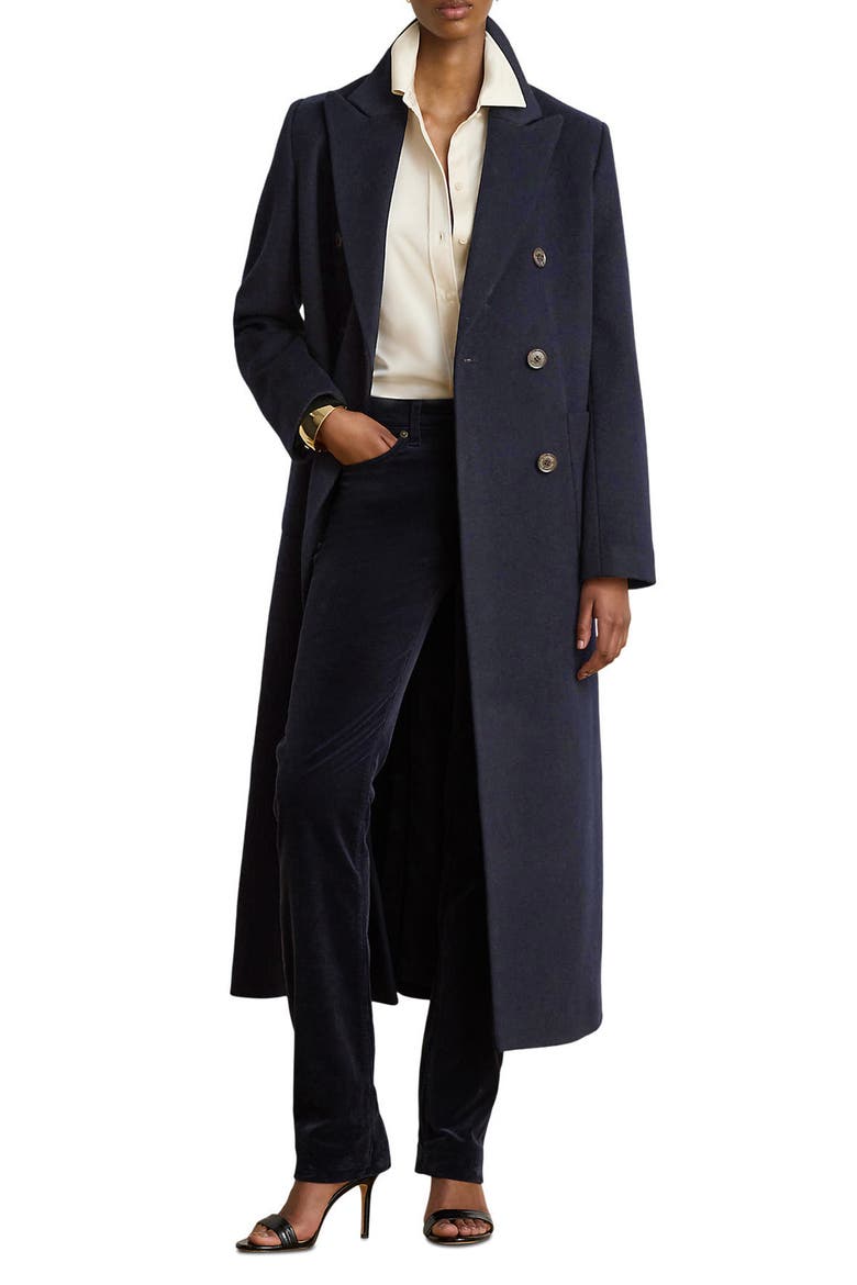 Double Breasted Longline Wool Blend Coat, Main, color, REGAL NAVY