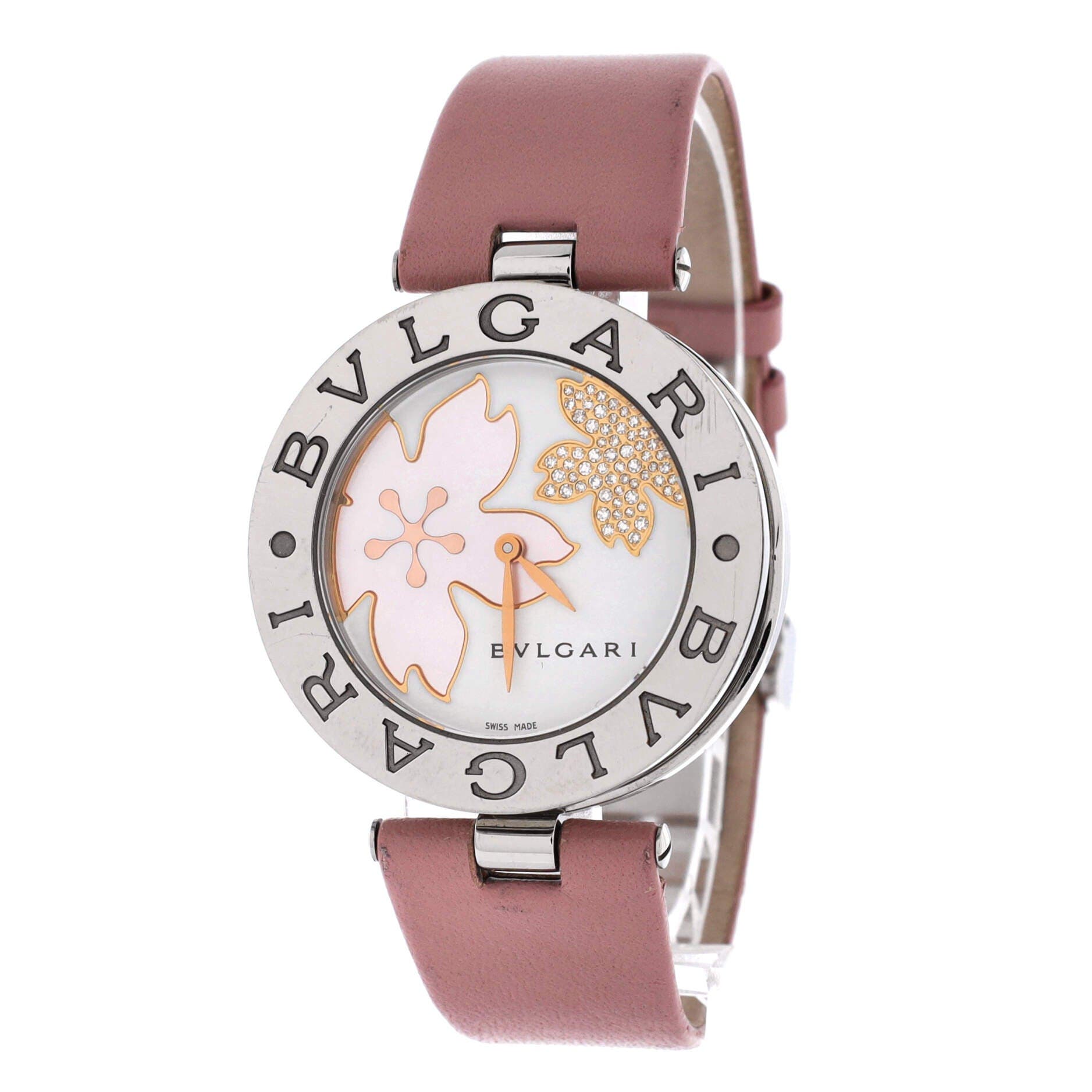 B.Zero1 Flower Motif Quartz Watch Stainless Steel and Leather with Diamond Dial and Mother of Pearl 35, Alternate, color, Metallic Silver