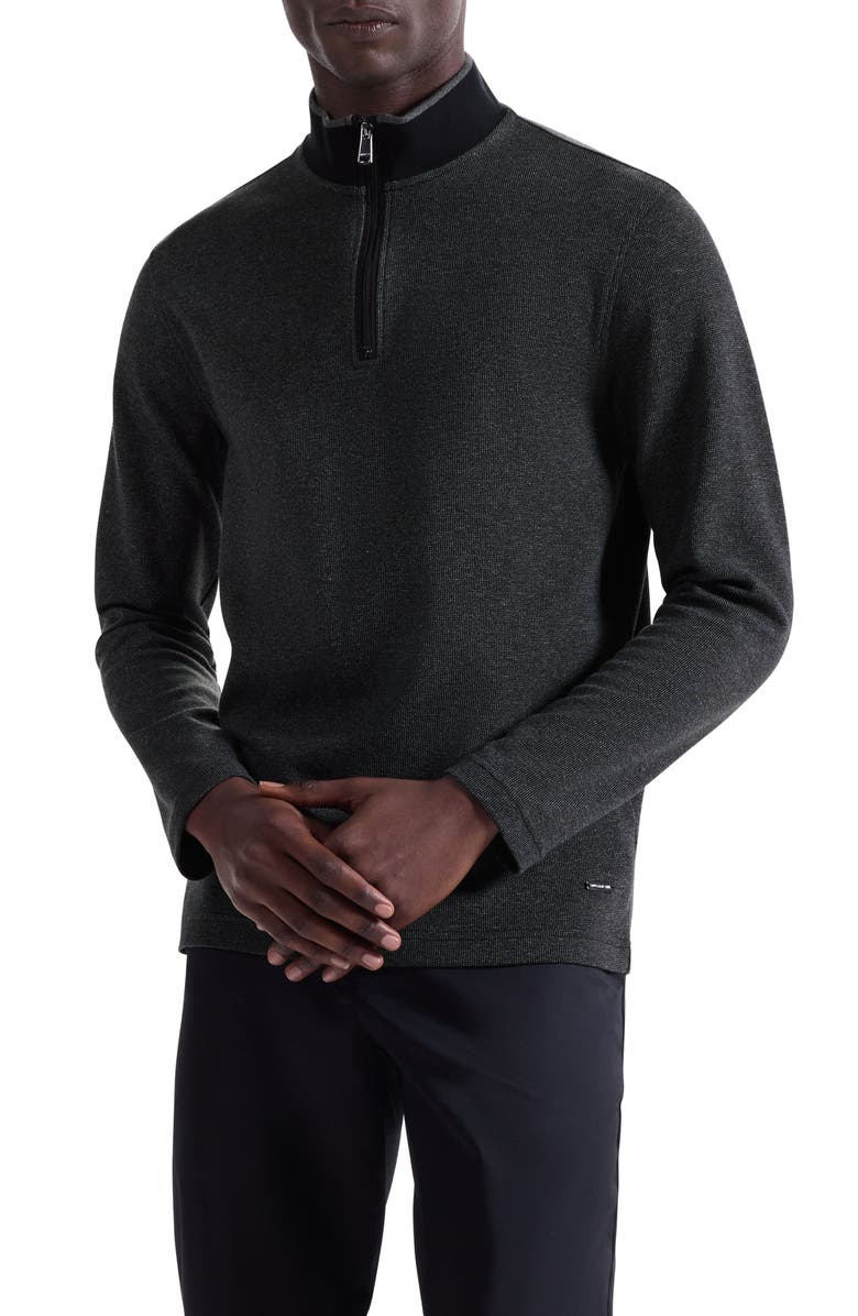 Bugatchi Quarter Zip Cotton Blend Piqué Pullover, Main, color, Black