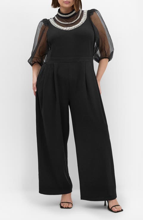 Phoenix Embellished Sheer Panel Jumpsuit (Plus)