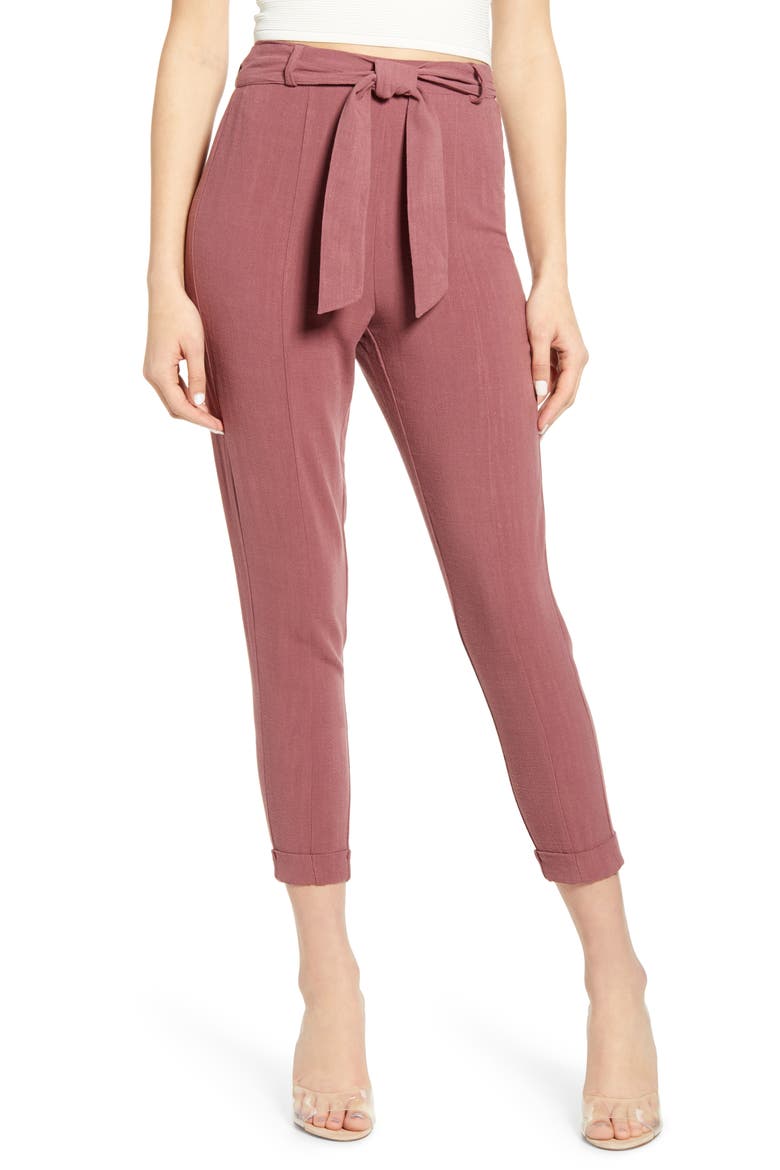 Belted High Waist Crop Pants, Main, color, PLUM