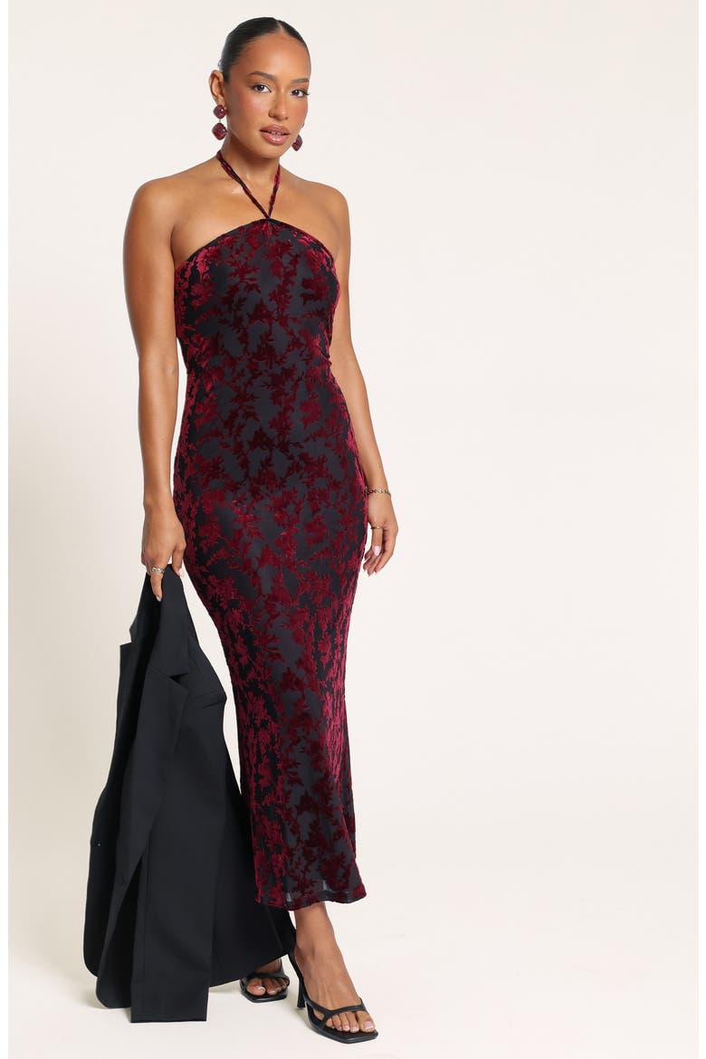 Brynne Halter Neck Burnout Velvet Midi Dress, Alternate, color, BERRY VELVET BURNOUT
