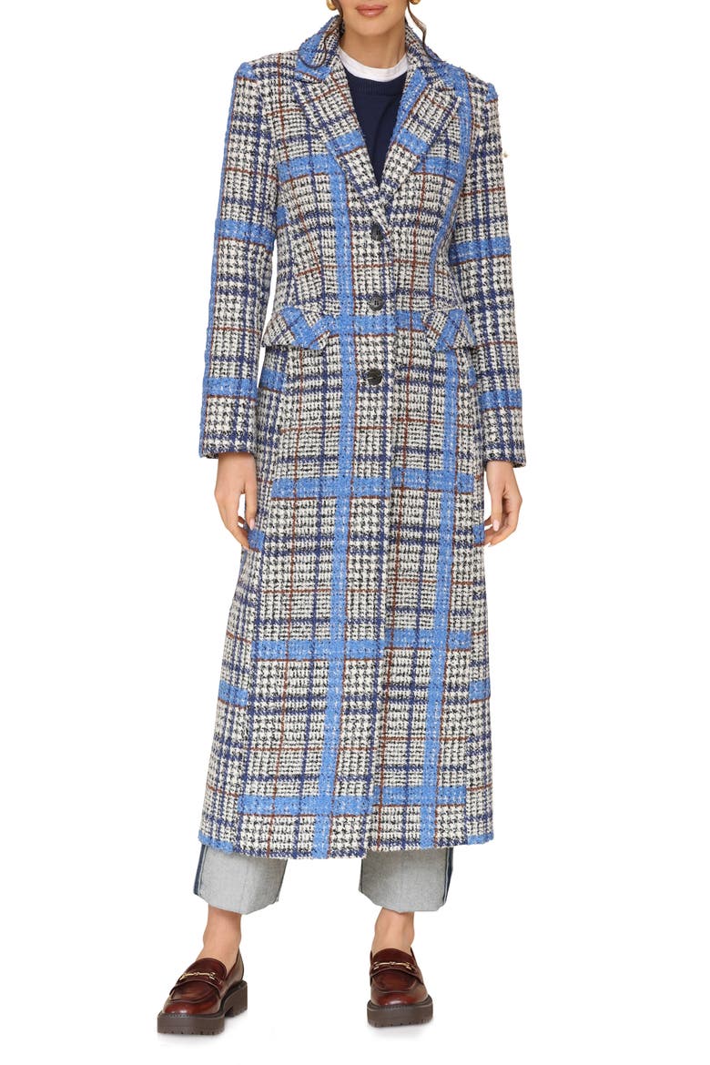 Plaid Tweed Long Coat, Main, color, GREY/ BLUE PLAID
