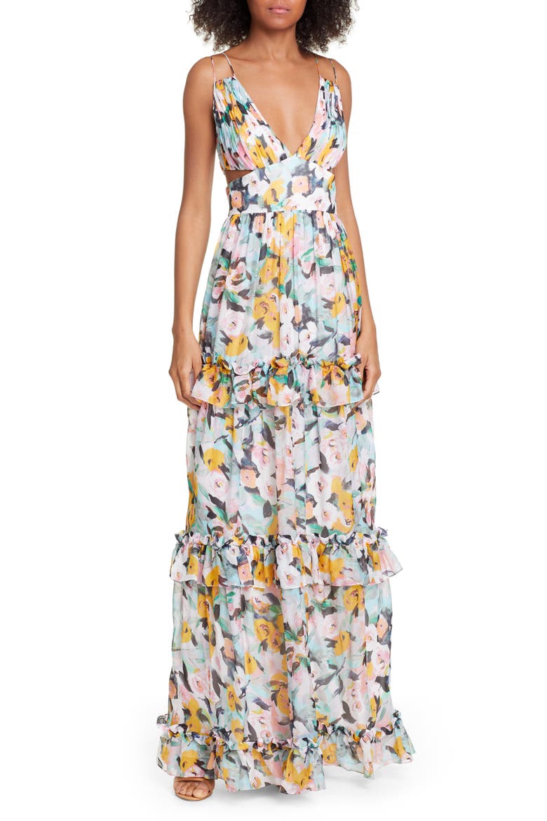 Drew Floral Print Evening Dress, Main, color, AQUA