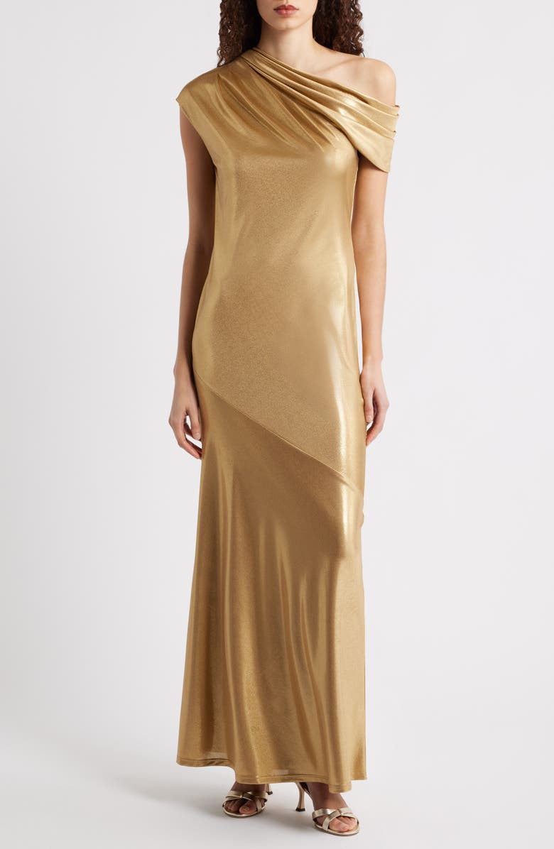 Lauren Ralph Lauren Metallic One Shoulder Gown, Main, color, Relic Gold/ Gold Foil