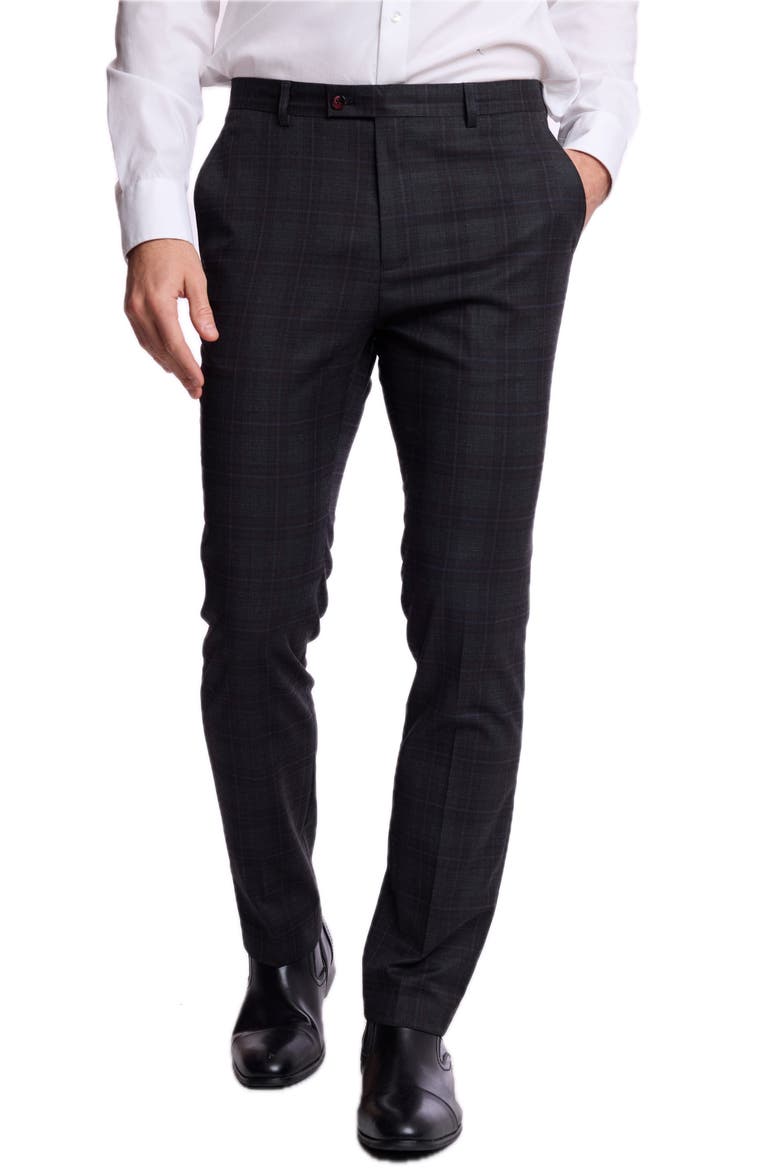 Slim Downing Plaid Mid Rise Pants, Alternate, color, CHARCOAL BURGUNDY PLAID