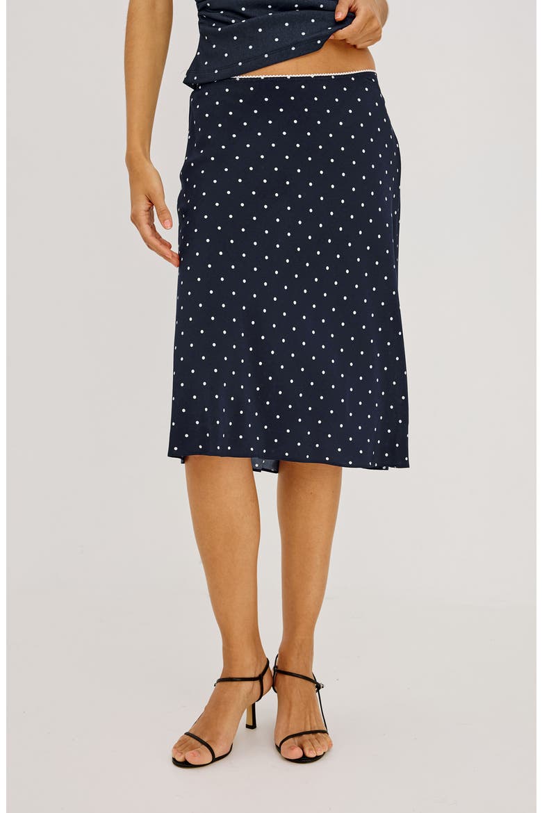 Jolene Polka Dot Midi Skirt, Main, color, NAVY POLKA DOTS