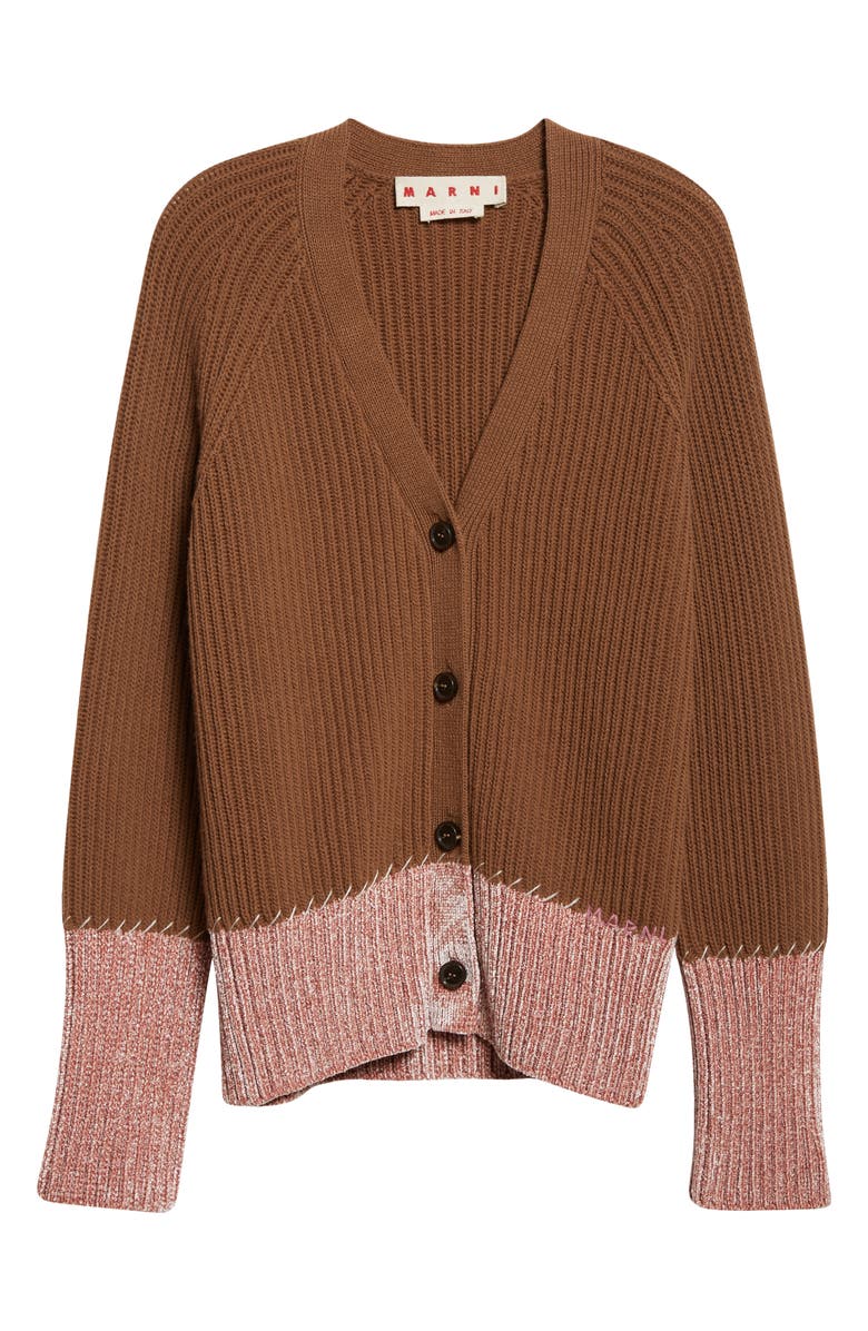 Marni Long Sleeve Merino Wool V-Neck Cardigan, Alternate, color, Brown/ Maroon