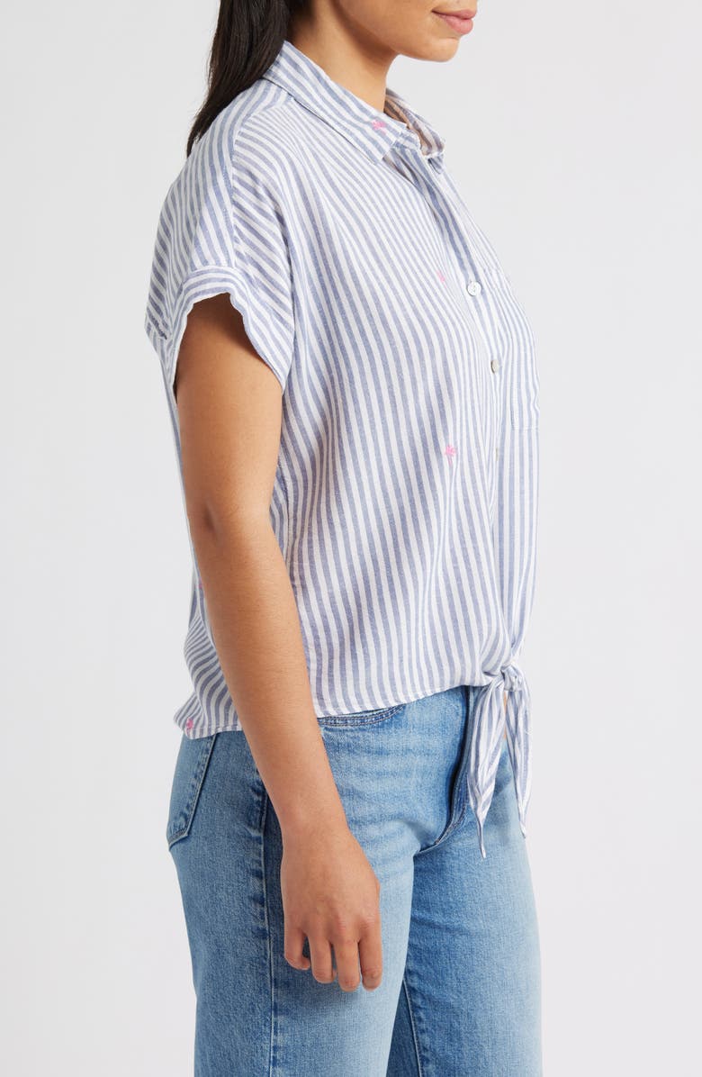 beachlunchlounge Rosie Embroidered Tie Front Short Sleeve Button-Up Shirt, Alternate, color, Cloudy Palms