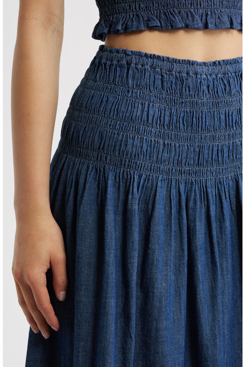 Smocked Waist Denim Midi Skirt, Alternate, color, DARK COVE WASH