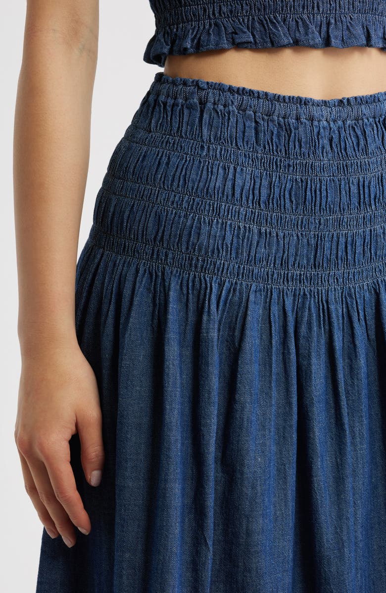 Madewell Smocked Waist Denim Midi Skirt, Alternate, color, Dark Cove Wash