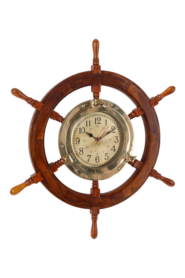 Goldtone Wood Ship wheel Sail Boat Wall Clock, Alternate, color, GOLD