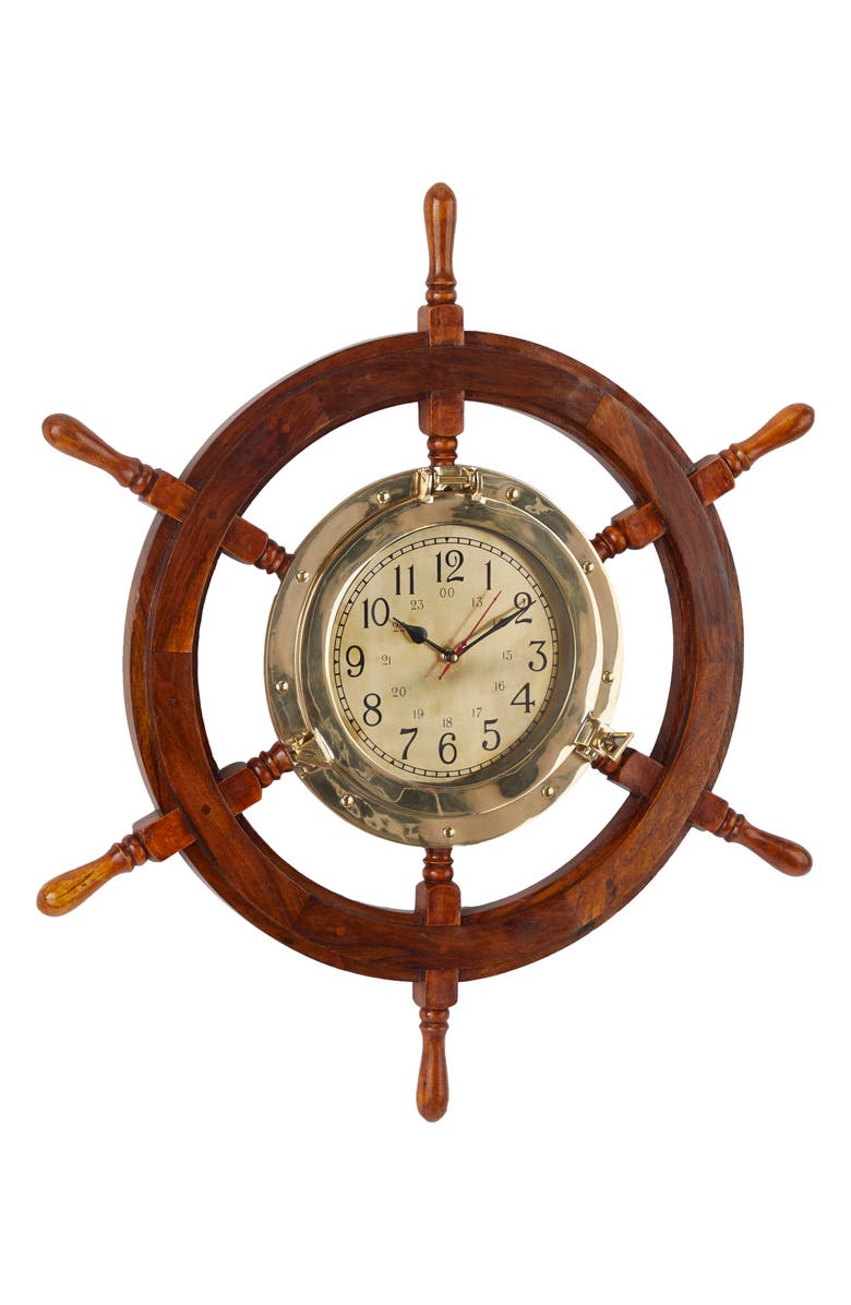 WILLOW ROW Goldtone Wood Ship wheel Sail Boat Wall Clock, Alternate, color, 