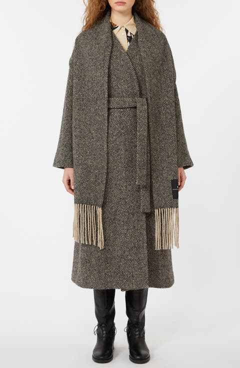 Zenica Scarf Detail Herringbone Tweed Wool Blend Coat