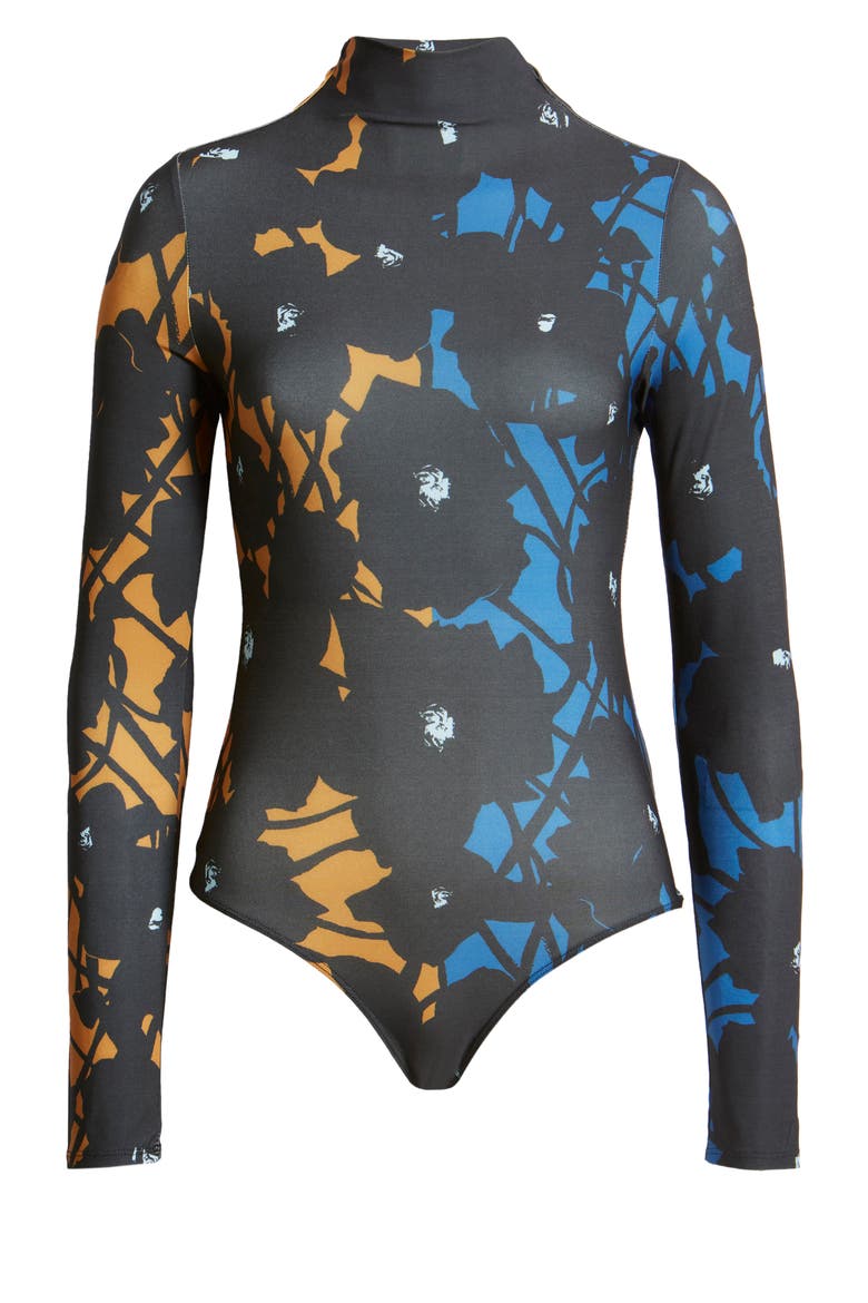 Cristina Martinez Thong Mock Neck Bodysuit, Alternate, color, BLACK MIXED VINE POPPIES