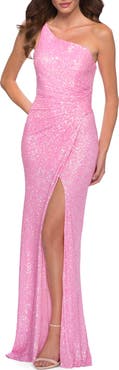 La Femme Neon Pink One Shoulder Sequin Dress with Open Back