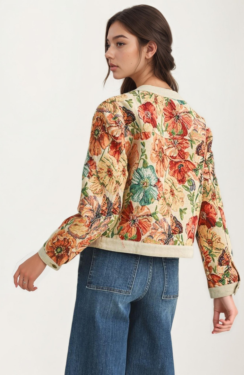 Knit and Lounge Floral Tapestry Button Front Cropped Jacket, Alternate, color, 