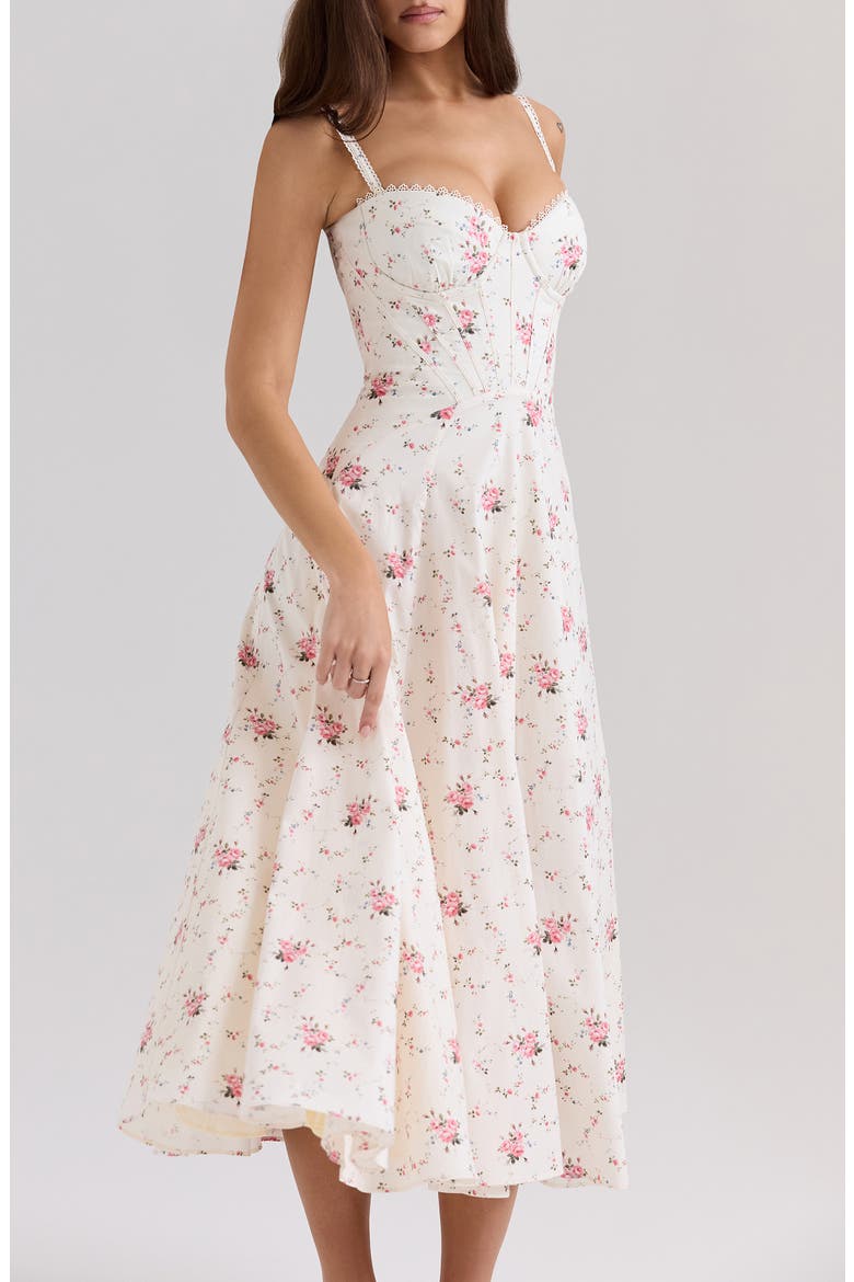 Steffani Floral Corset Midi Sundress, Alternate, color, WHITE VINTAGE ROSE PRINT