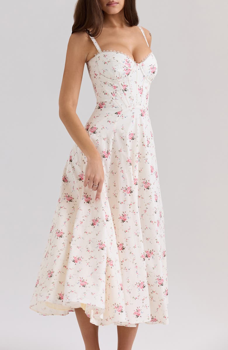HOUSE OF CB Steffani Floral Corset Midi Sundress, Alternate, color, White Vintage Rose Print