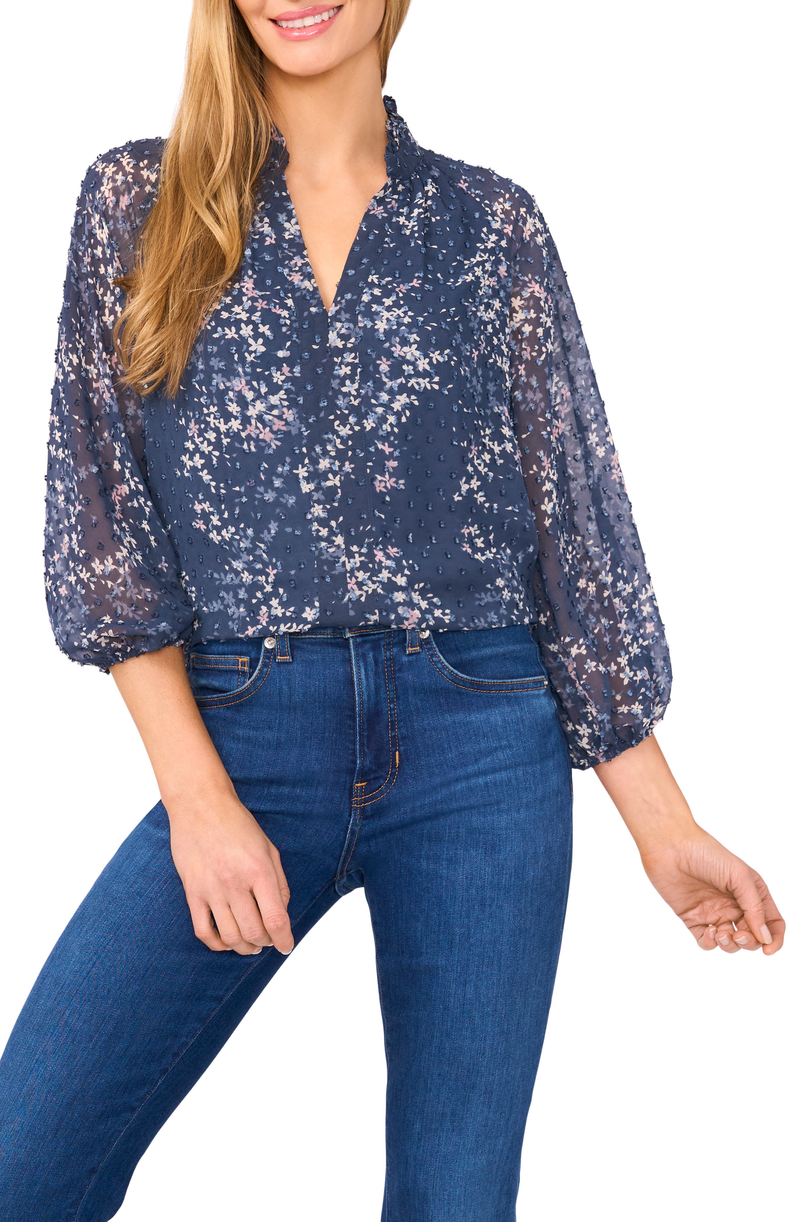 CeCe Floral Clip Dot Ruffle V-Neck Top