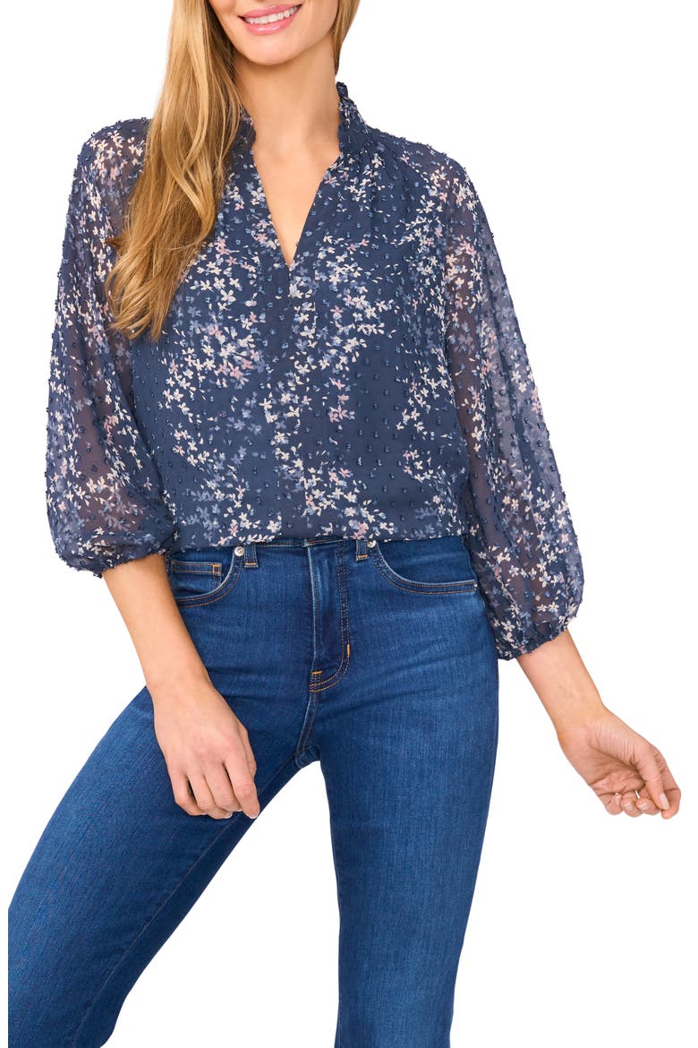 Floral Clip Dot Ruffle V-Neck Top, Main, color, BLUE HAZE