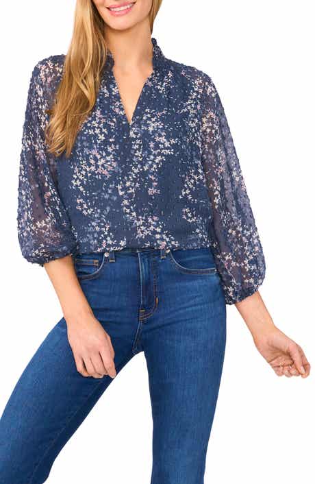 CeCe Floral Clip Dot Ruffle V-Neck Top