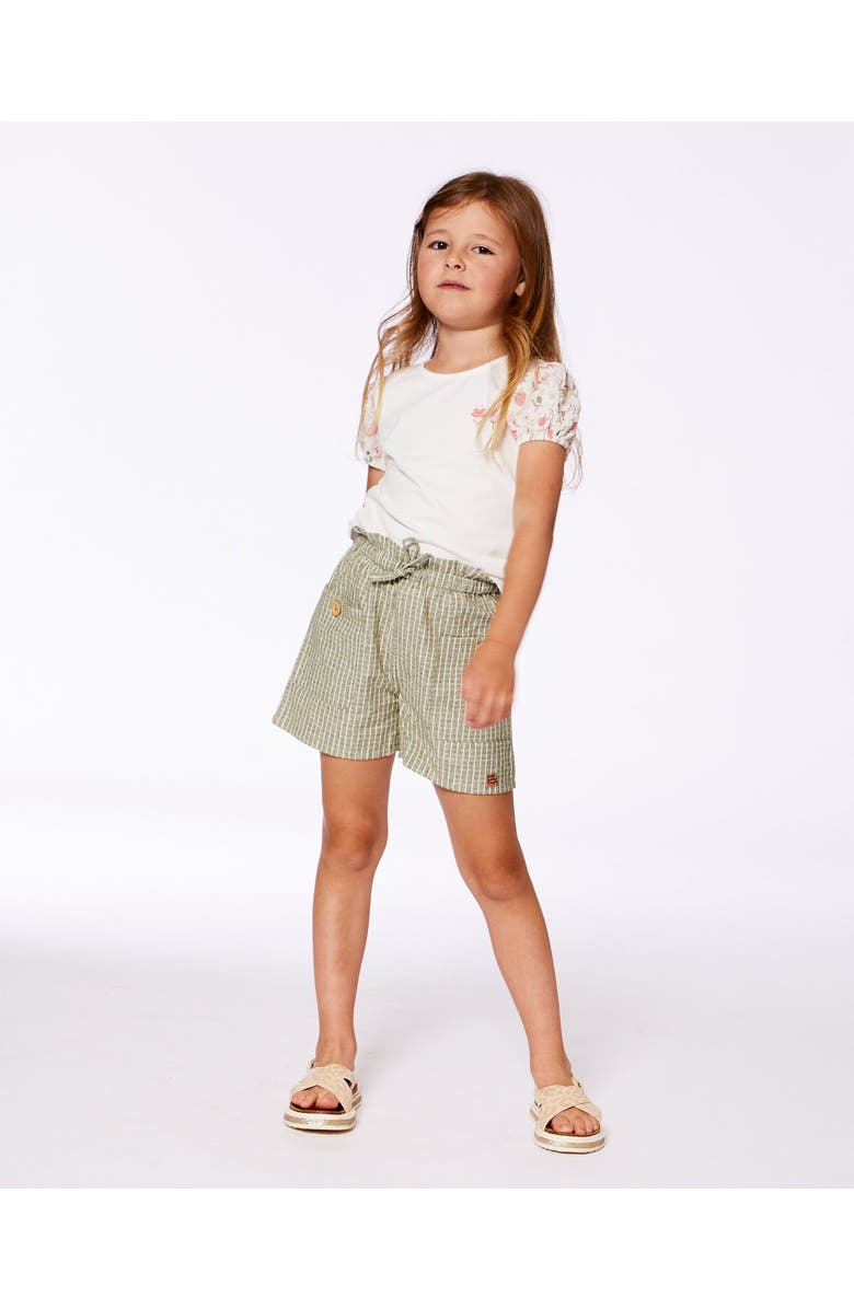 Deux par Deux Little Girl's Bi-Material Organic Cotton Top With Puff Sleeve Pink Flowers On Cream Background, Alternate, color, 