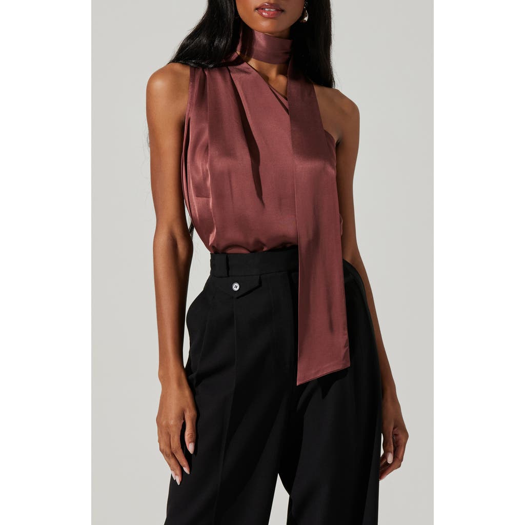 Astr The Label Partia Tie Neck One-shoulder Satin Top In Purple
