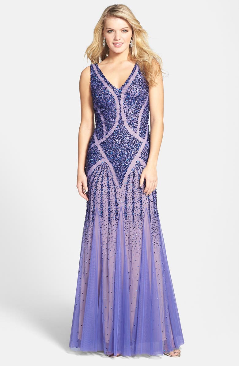 Adrianna Papell Beaded Mesh Cutout Tank Gown, Main, color, 