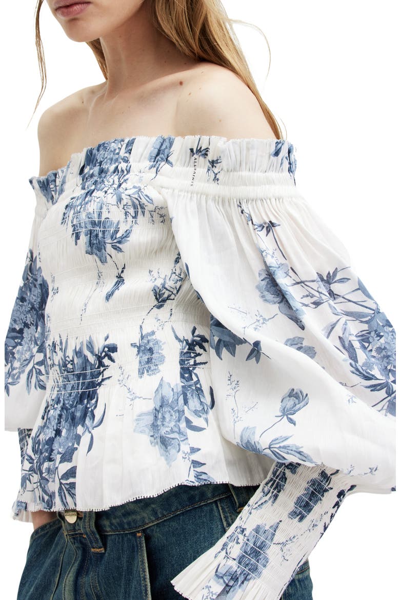 Lara Dekorah Off the Shoulder Smocked Linen & Silk Top, Alternate, color, DENIM BLUE