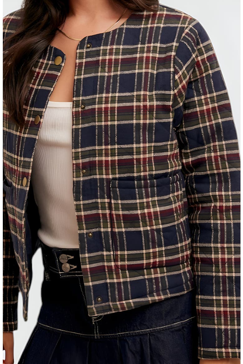Plaid Cropped Gold Button Closure Patch Pocket Jacket, Alternate, color, Navy Plaid