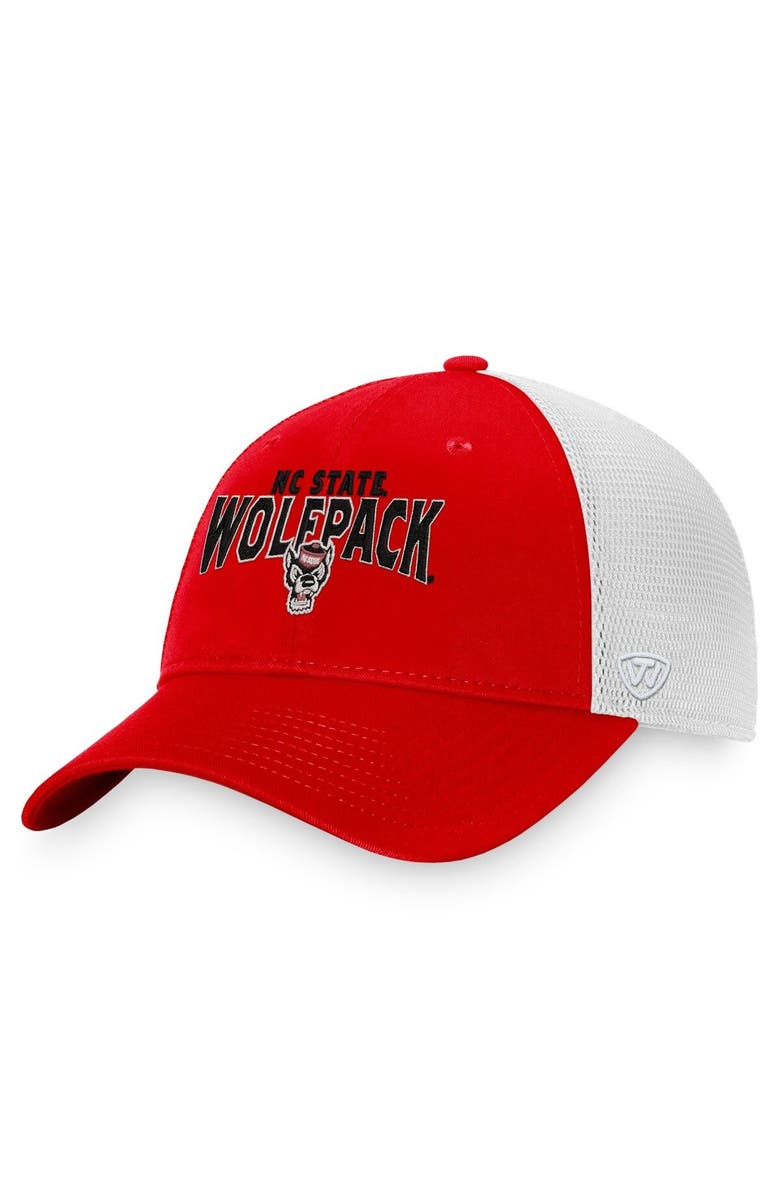 TOP OF THE WORLD Men's Top of the World Red/White NC State Wolfpack Breakout Trucker Snapback Hat, Main, color, 