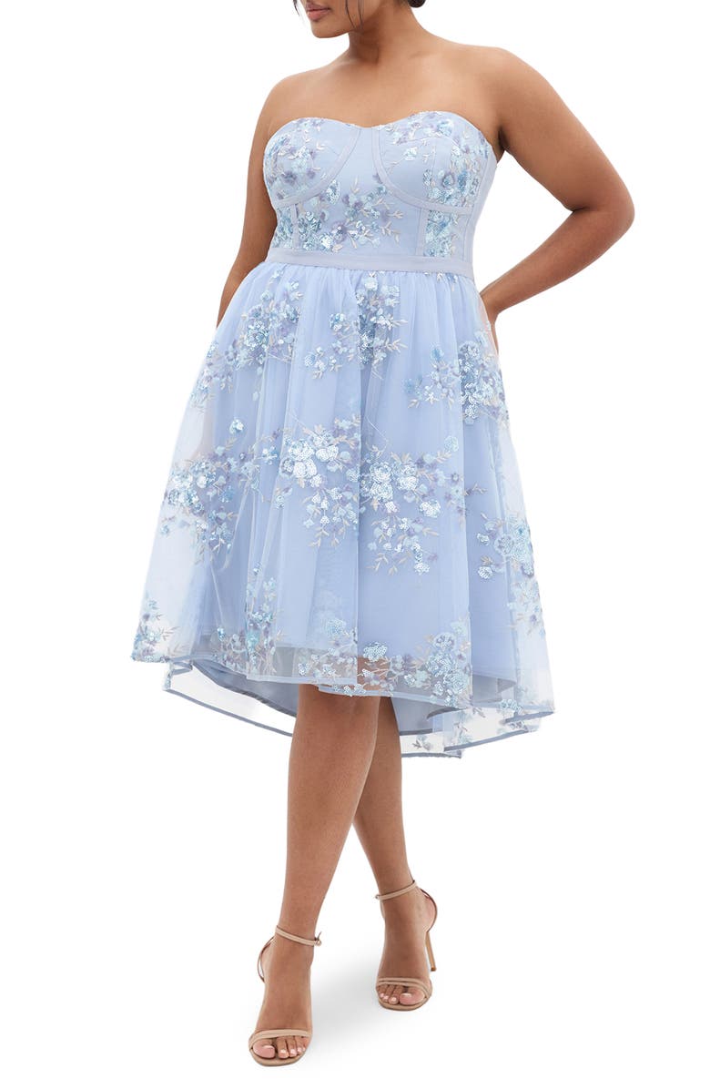 City Chic Ambrosia Sequin Floral Print High-Low Dress, Main, color, Soft Blue
