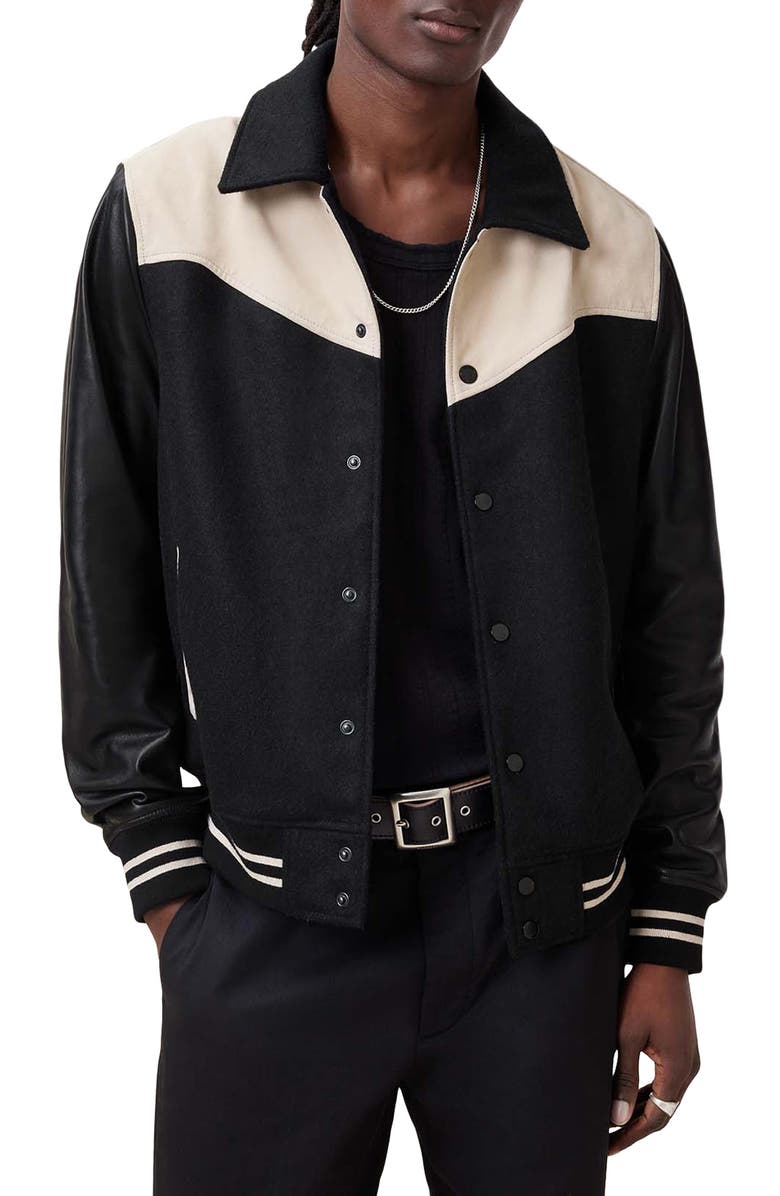 AllSaints Endleton Contrast Bomber Jacket, Main, color, Black/ Ecru White