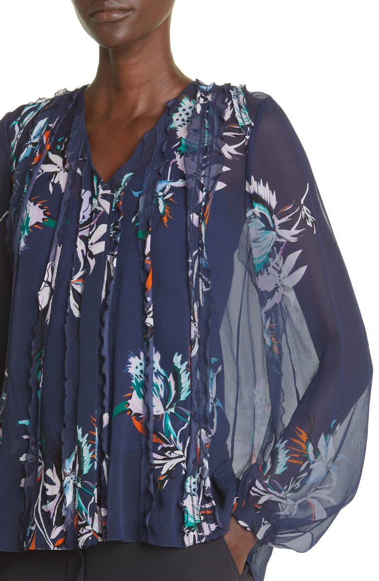 Jason Wu Collection Floral Crinkle Silk Chiffon Blouse, Alternate, color, Navy Lilac Multi