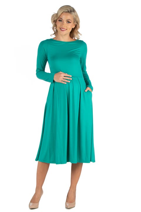 Maternity Midi Length Fit and Flare Pocket Dress