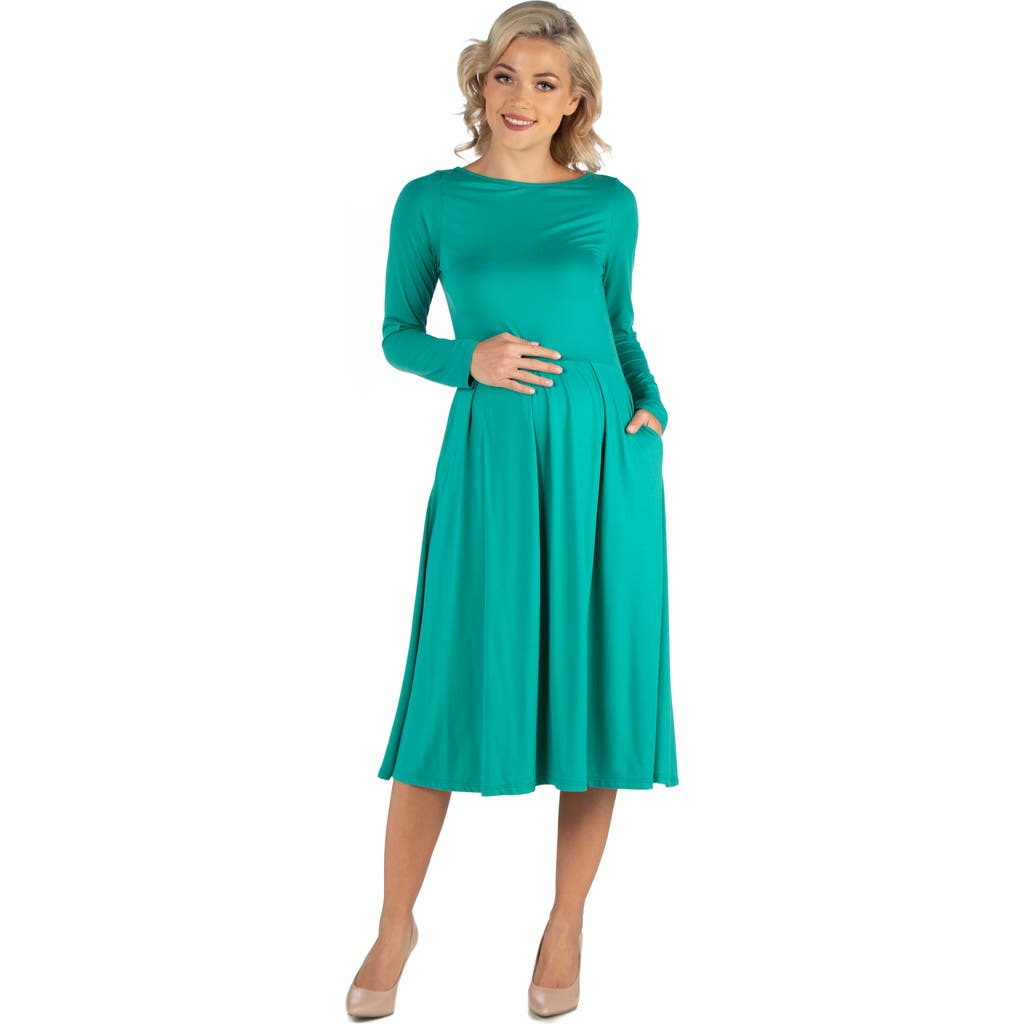 24seven Comfort Apparel Maternity Midi Length Fit And Flare Pocket Dress In Green