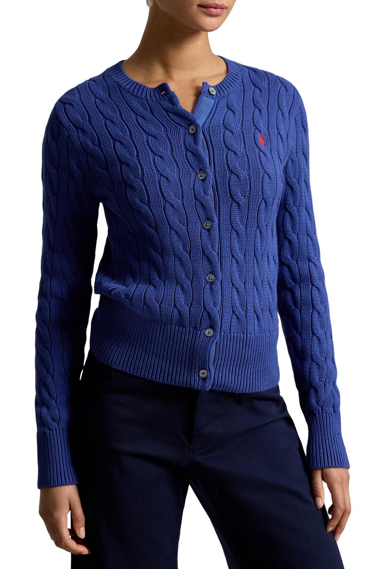 Cable Knit Cotton Crewneck Cardigan, Main, color, CHARTER BLUE