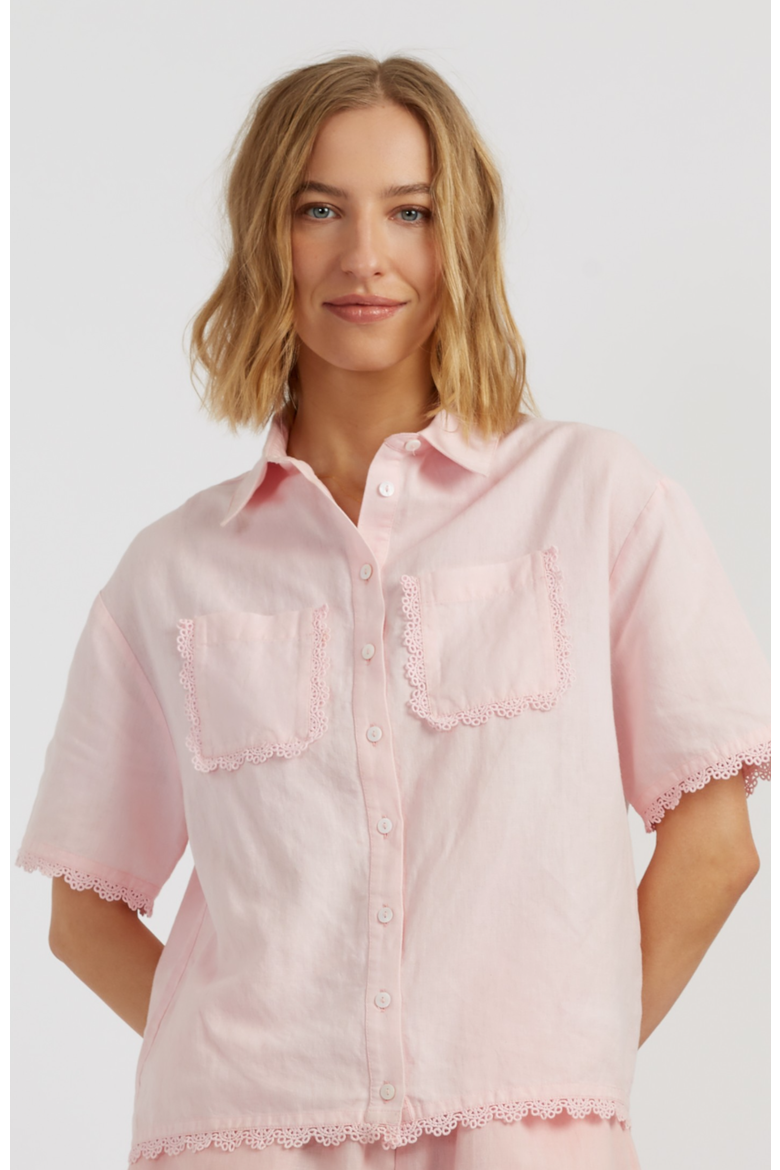 Sienna Linen-Blend Scallop Edge Shirt, Main, color, Light Pink