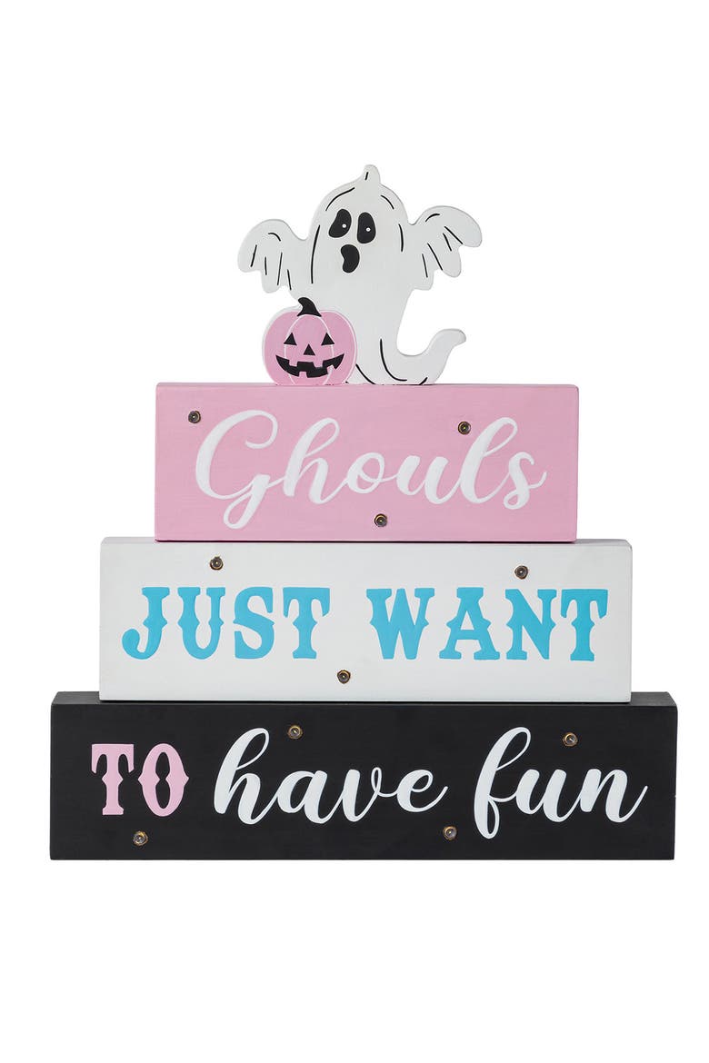 Halloween Lighted Pink Wooden Ghost Block Word Sign, Main, color, Pink