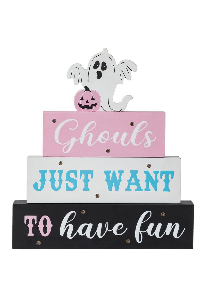 Glitzhome Halloween Lighted Pink Wooden Ghost Block Word Sign, Main, color, Pink