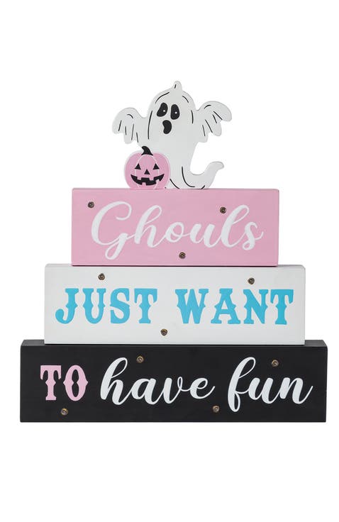 Halloween Lighted Pink Wooden Ghost Block Word Sign