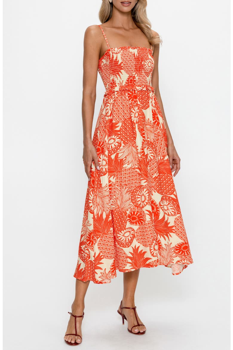 Smocked Fit & Flare Midi Dress, Alternate, color, RED