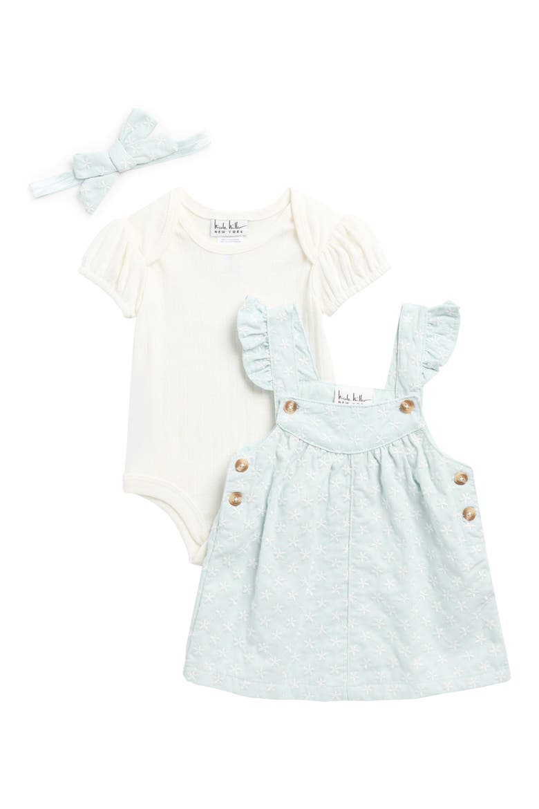Floral Embroidered Dress, Bodysuit & Headband Set, Main, color, ICE FLOW